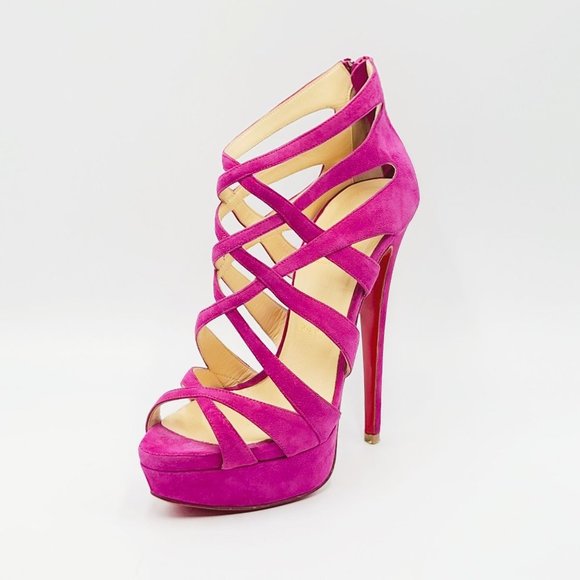 Christian Louboutin Heels Balota Fuchsia Hot Pink Multi Strap Suede Booties 37 - Picture 2 of 7